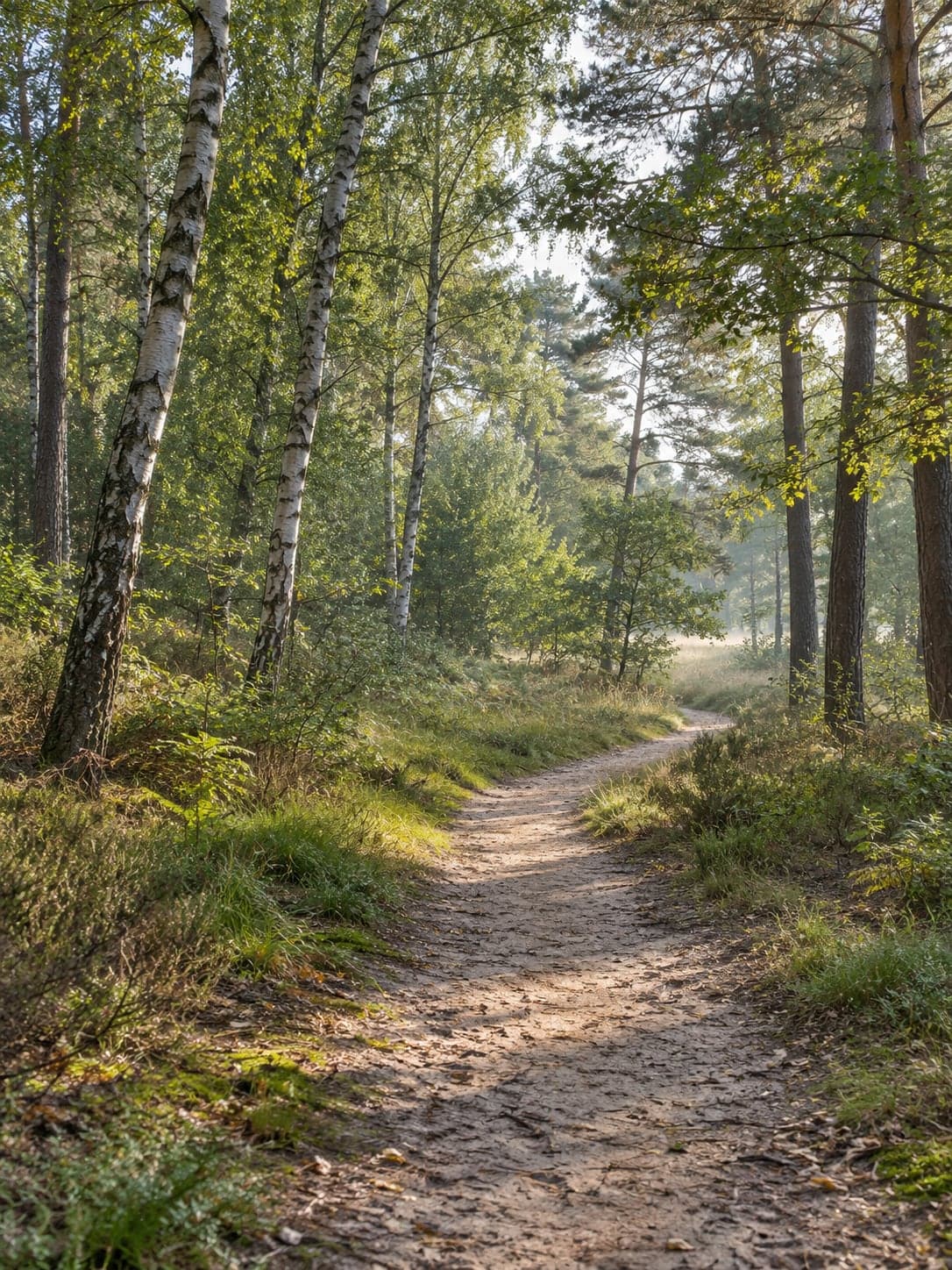 A sandy path through a birch wood in soft morning light