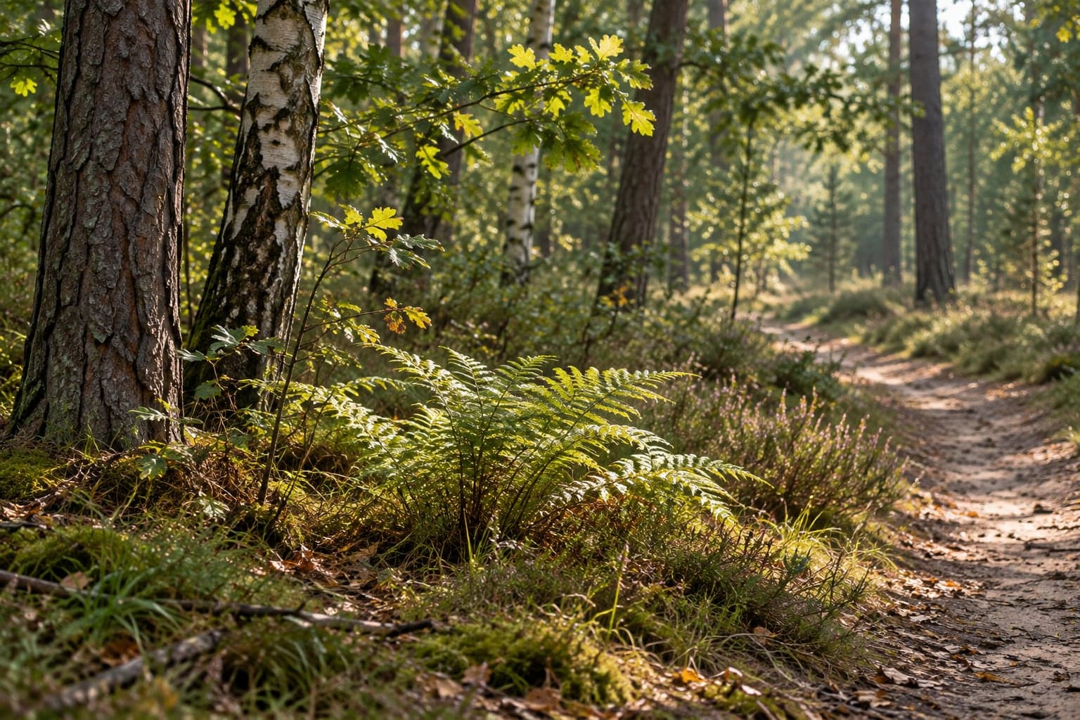 Morning light on ferns beside a sandy path in a birch wood